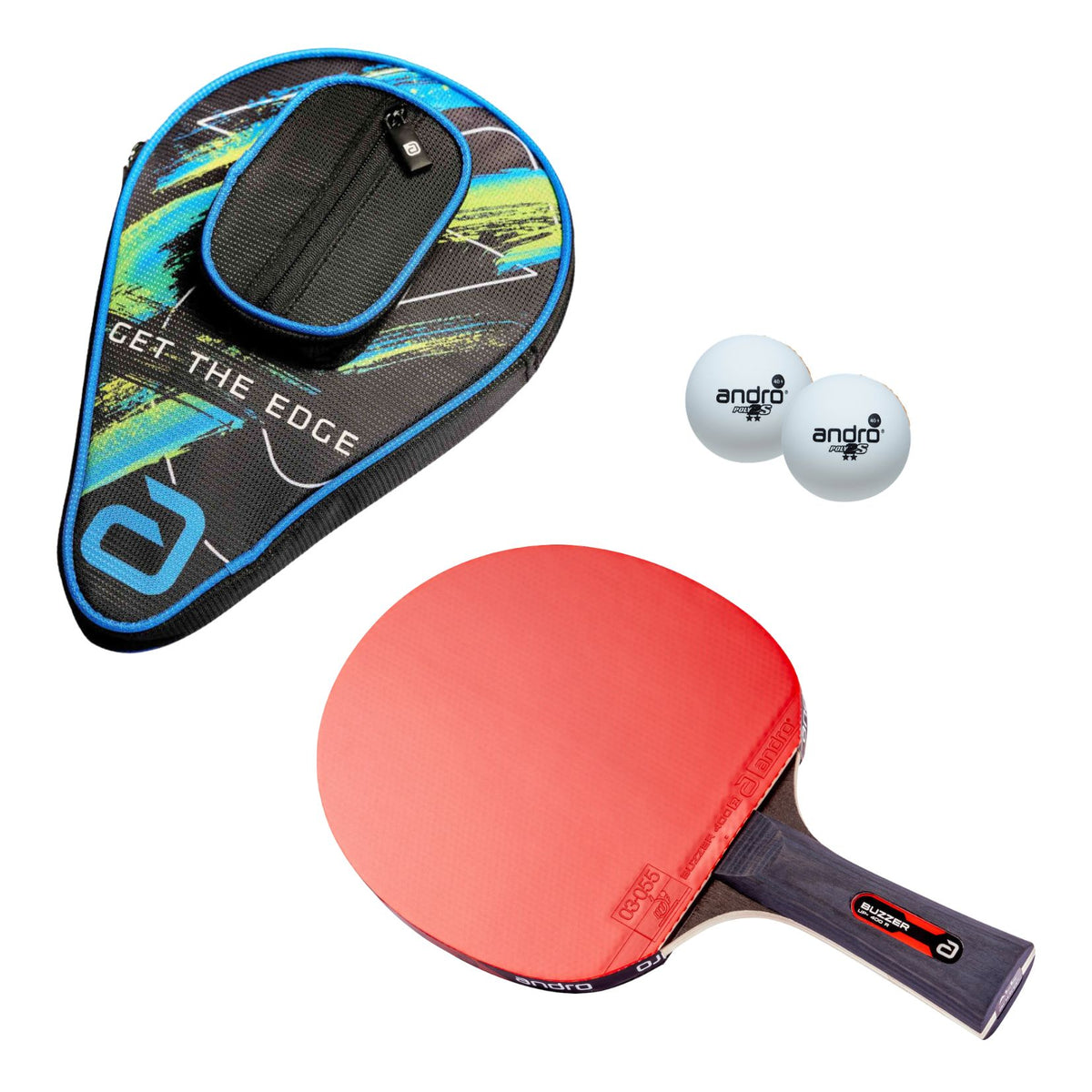Andro osnovni paket za namizni tenis z loparjem Buzzer Up+ in etuijem ter dvema žogicama za namizni tenis